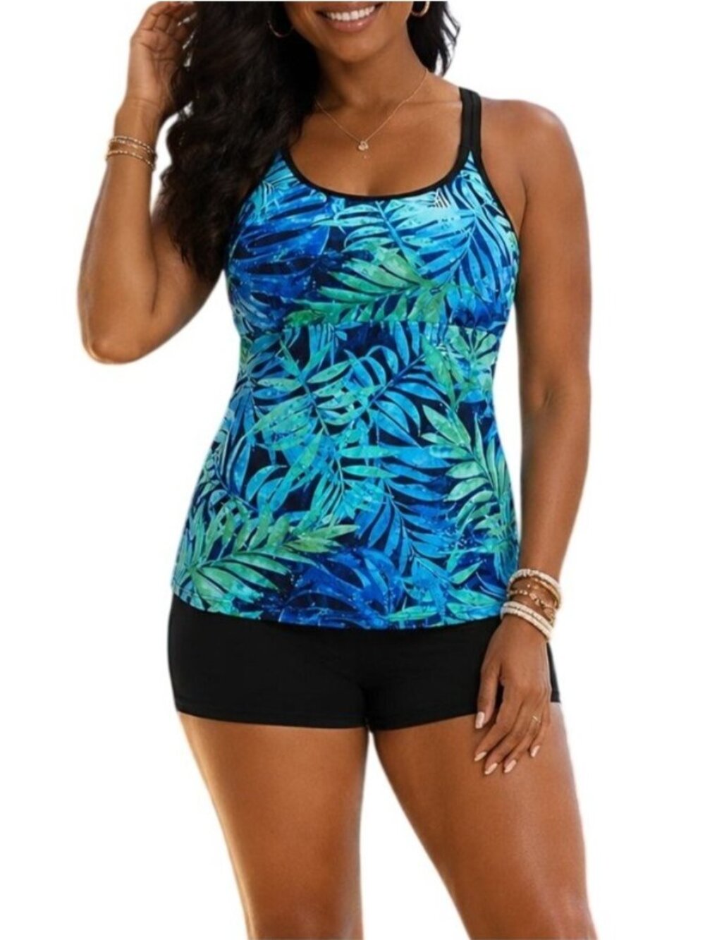 Yonique Size Medium Tankini Set Tropical Print Criss Cross Swim Tank W/ Shorts